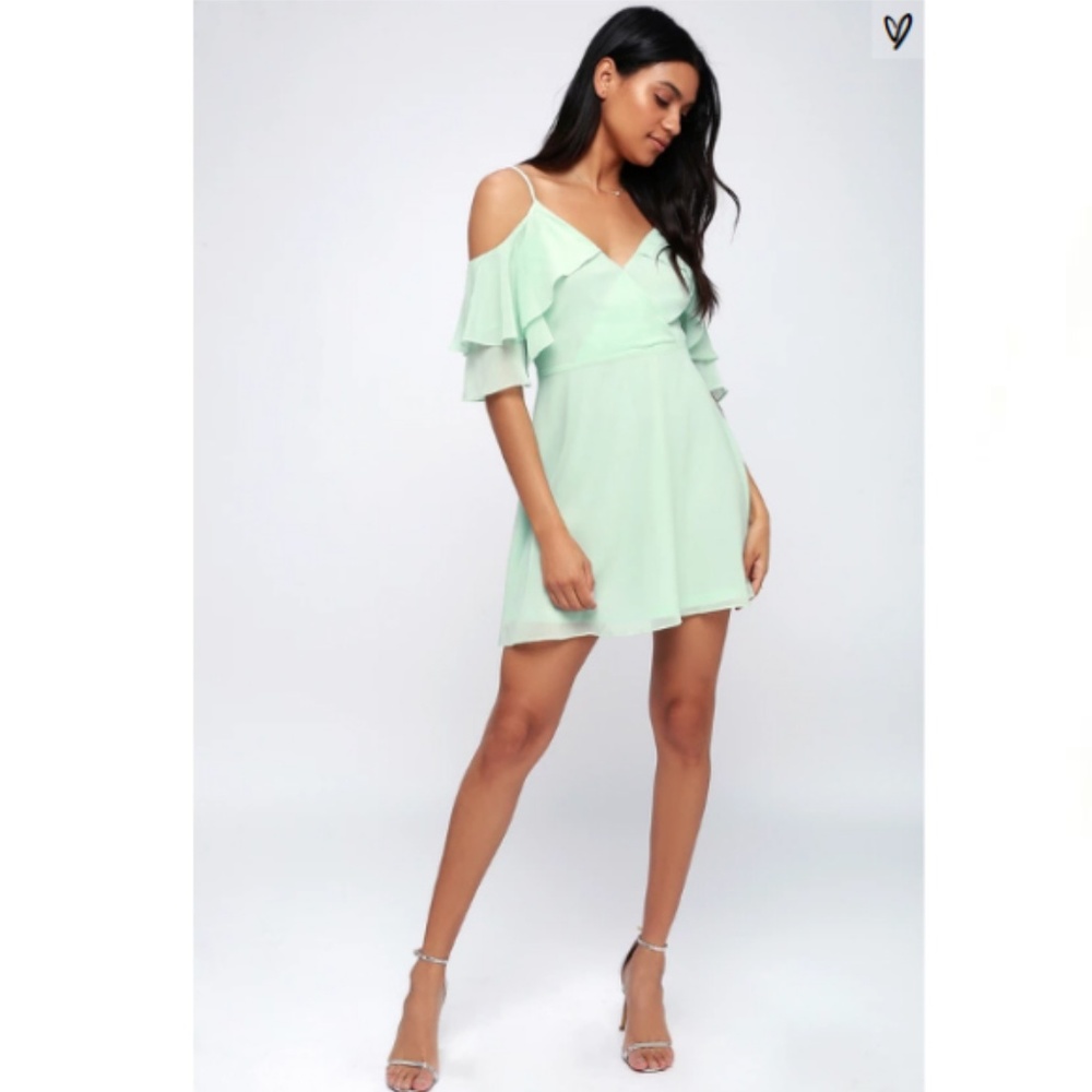 SOLD Lulu's Mint Off Shoulder Ruffle Skater Dress - Picture 2 of 5